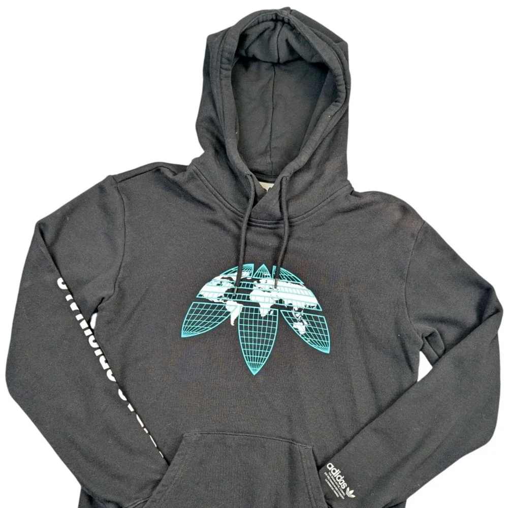 Adidas Originals Mens Small Black Globe Trefoil Graphic Sleeve Logo Hoodie